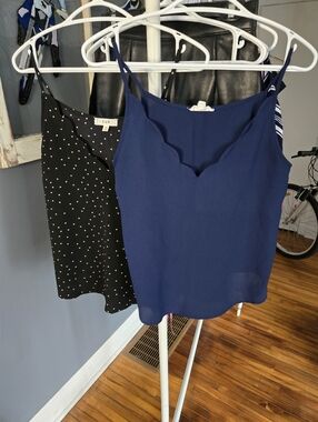 Set Of 2 Black Polka Dot And Navy Tank Top With Scalloped Neckline